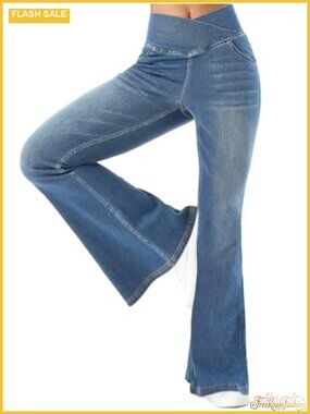 Women's Stretchy Bell Bottom Flare Jeans Pull On Pants with Pockets